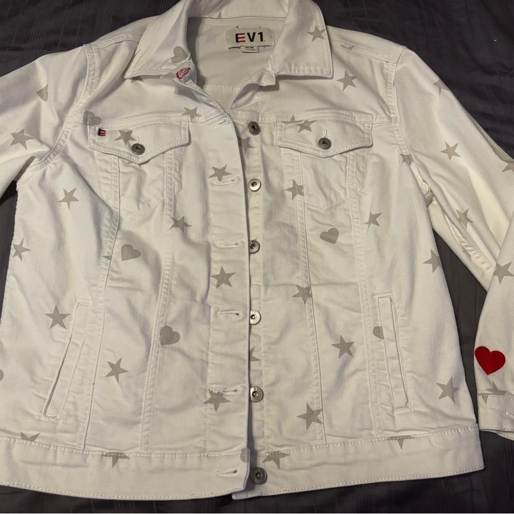 Women's White Denim Jacket with Star and Heart Details